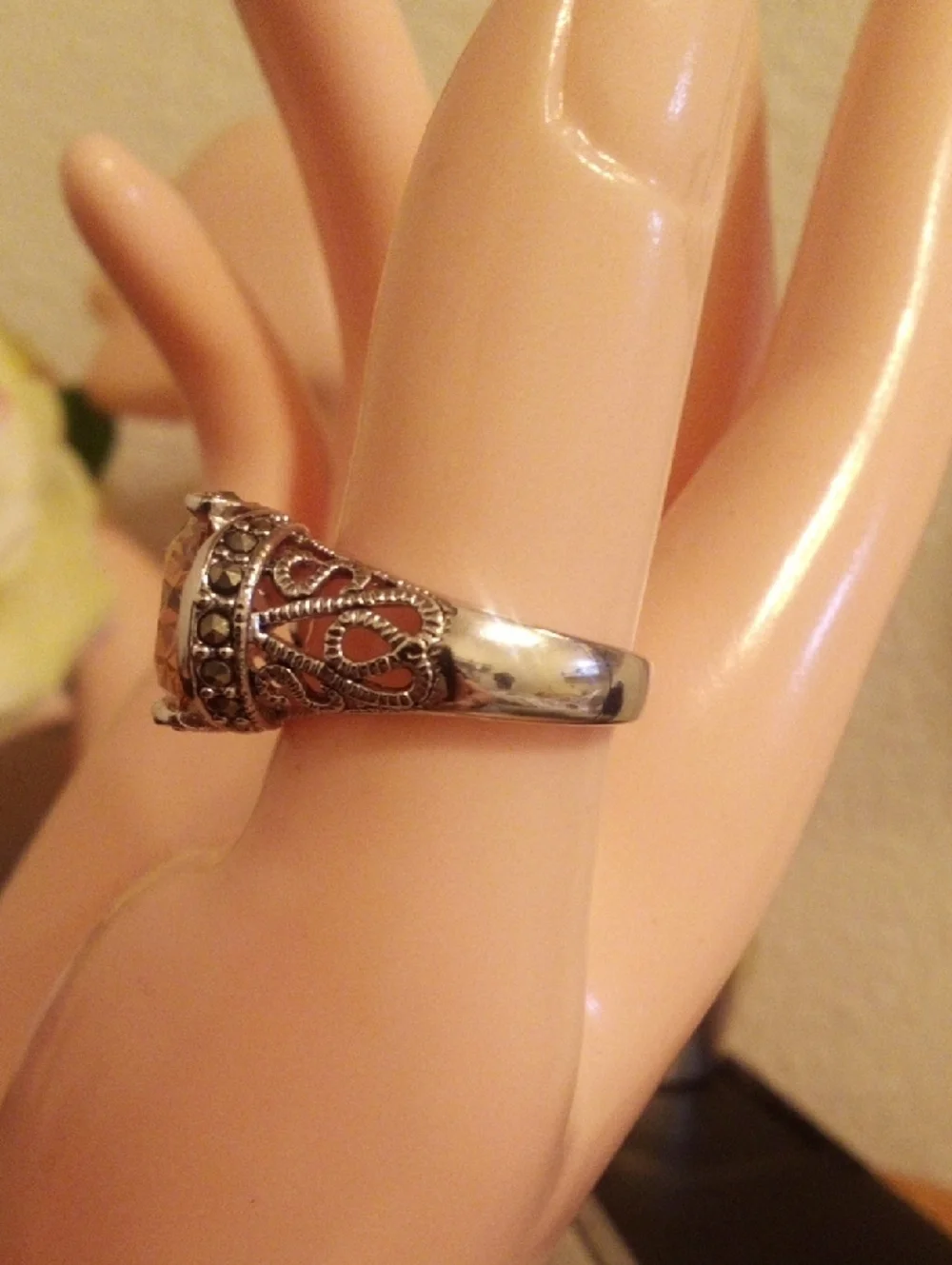 Vintage-Inspired Silver Ring with Amber-Colored Gemstone